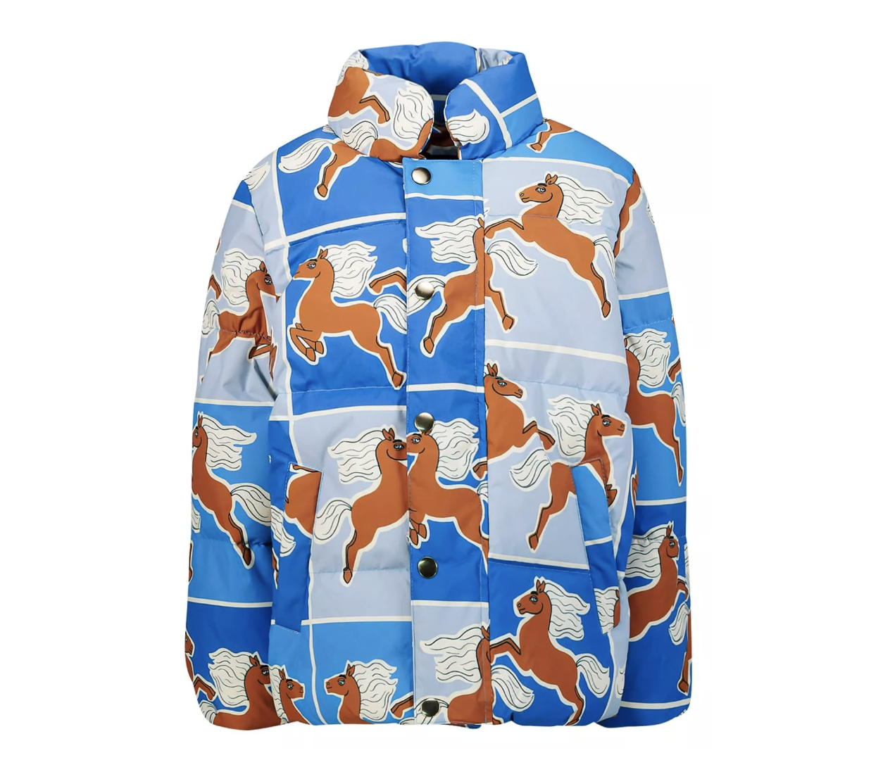 Blauwe winterjas met paarden van Mini Rodini | Winterjassen voor meisjes